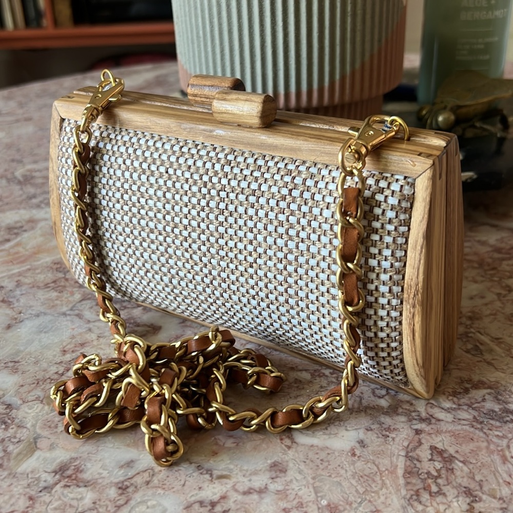 J. McLaughlin Beige Woven Clutch with Gold Chain